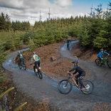 A group of mountain bikers on a downhill forest trail.